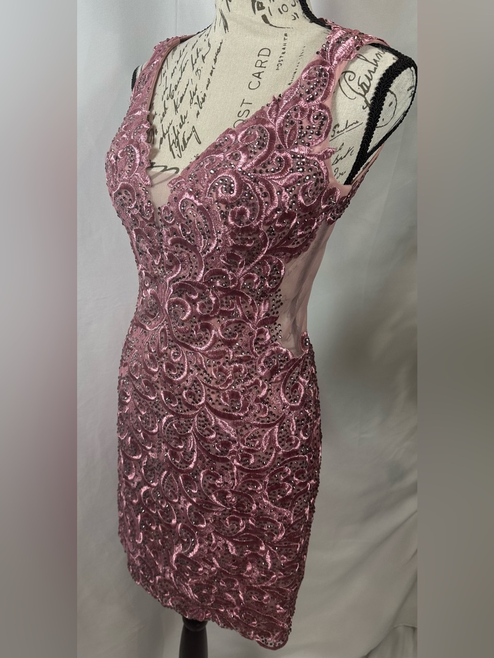 Mori Lee Rose Pink Beaded V-Neck Mini Dress - Picture 13 of 16